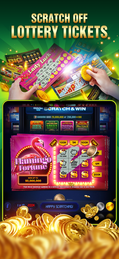 Vegas Live Slots Casino - Una imagen promocional de Vegas Live Slots Casino destacando varios boletos de lotería virtuales de raspar como Flamingo Fortune y Lady Luck