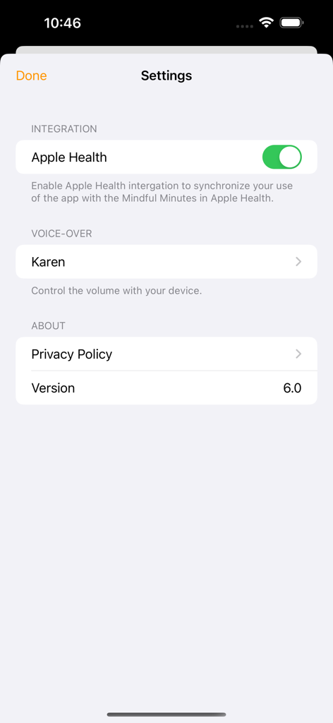 7:11 Breathing - Pantalla de configuración de la aplicación Respiración 7:11 que muestra la integración con Apple Health y las opciones de voz