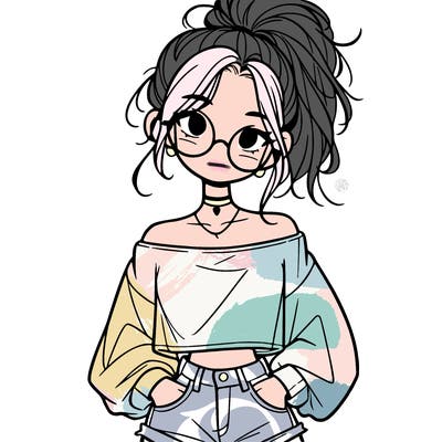 girl with a messy ponytail glasses a baggy crop top and jean shorts