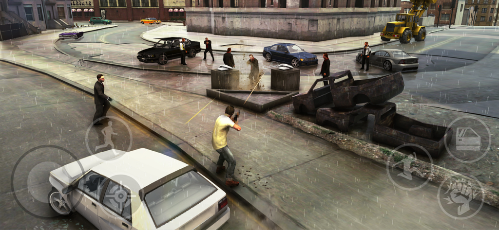 Third person shooting action in a rainy open world city