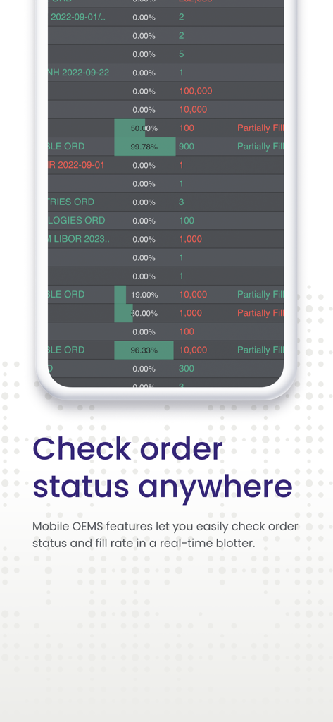 Enfusion Mobile real-time trading order status and fill rate blotter interface