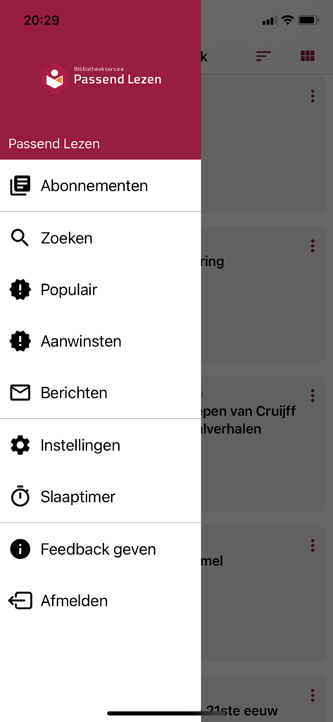 Passend Lezen - Side navigation menu of the Passend Lezen app showing library categories and settings