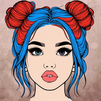 realistic girl with two buns on her hair and lips