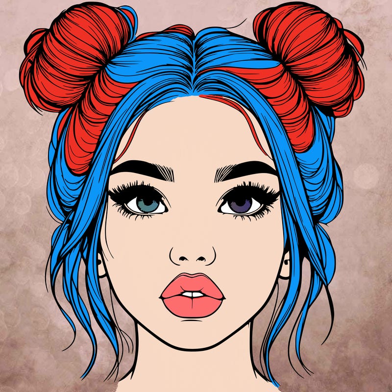 realistic girl with two buns on her hair and lips