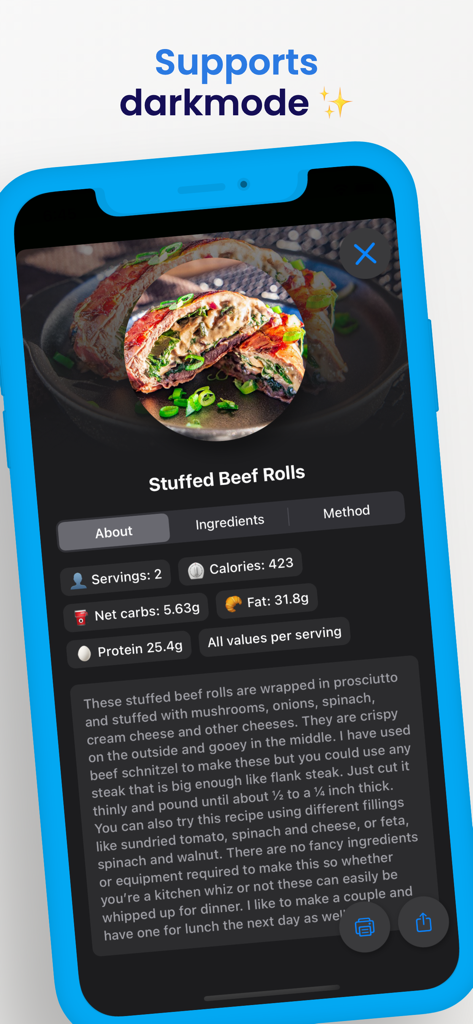 Keto Diet Recipes - Keto Diet Recipes app screenshot showing a stuffed beef rolls recipe in dark mode with nutritional macro details
