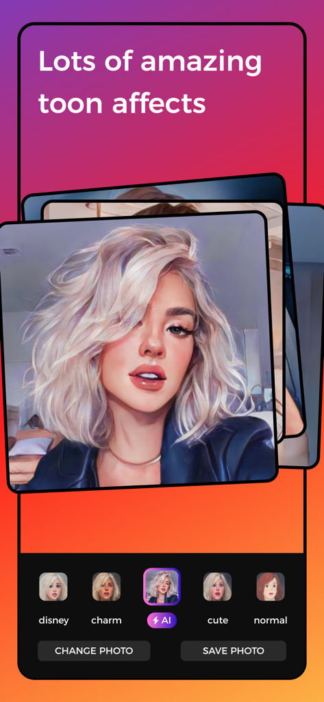 Portrait Art - Toon Profile - Interface of the Portrait Art app showing various AI cartoon filters applied to a woman's portrait.