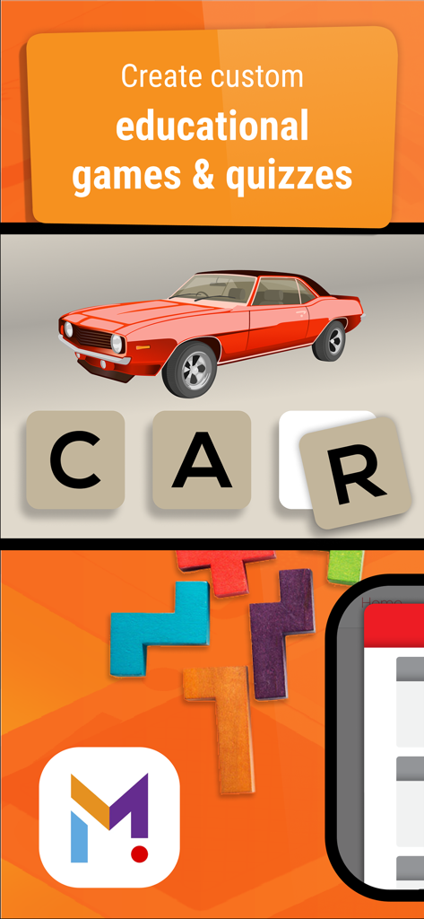 A promotional screenshot for Make It app showing a car spelling game and the text Create custom educational games and quizzes