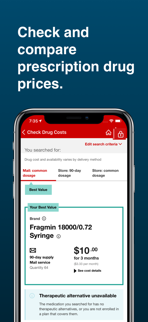 CVS Caremark app interface showing prescription drug price comparison and mail service options