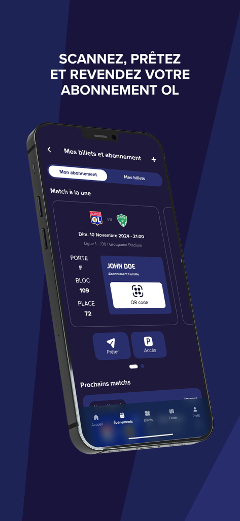 Groupama Stadium - Groupama Stadium app interface displaying a digital match ticket and season pass options