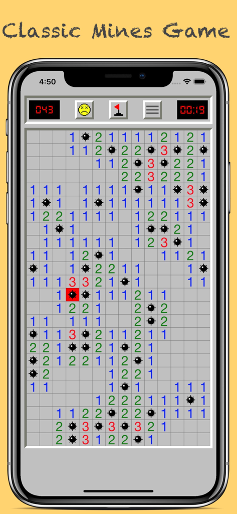 Minesweeper Classic Puzzles - 모바일 장치에 숫자와 폭탄이 있는 복고풍 격자를 보여주는 지뢰 찾기 클래식 퍼즐 게임 플레이
