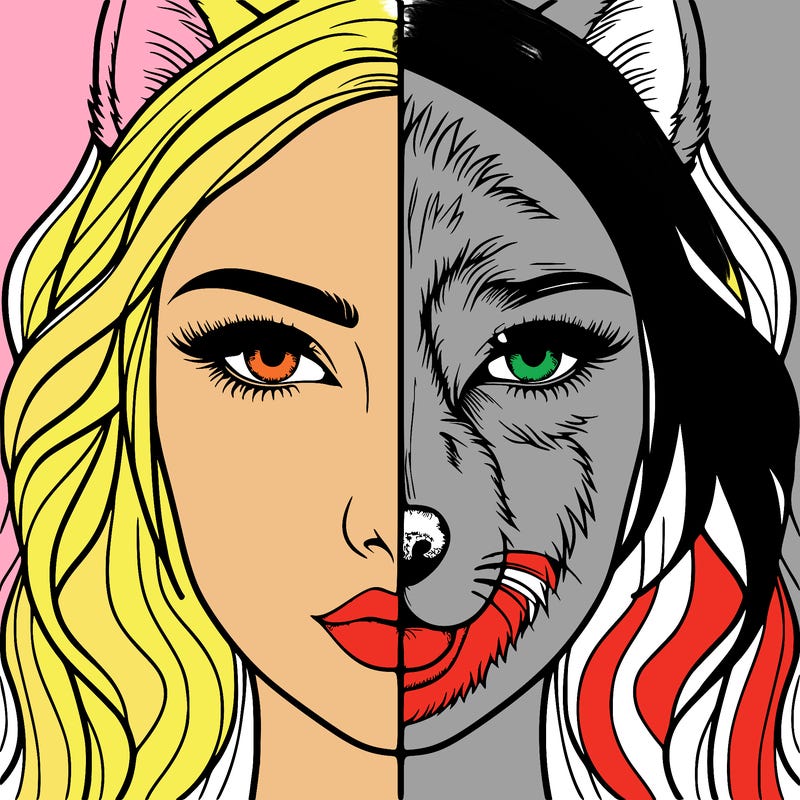 split face realistic woman and wolf