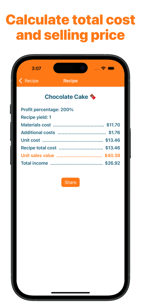 Smartphone screen showing a chocolate cake recipe cost report with material costs and unit sales value calculations