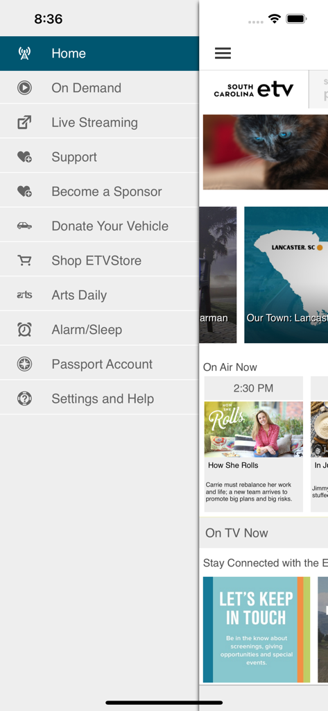 South Carolina ETV - Side navigation menu of the South Carolina ETV app showing categories like Home, On Demand, and Live Streaming.