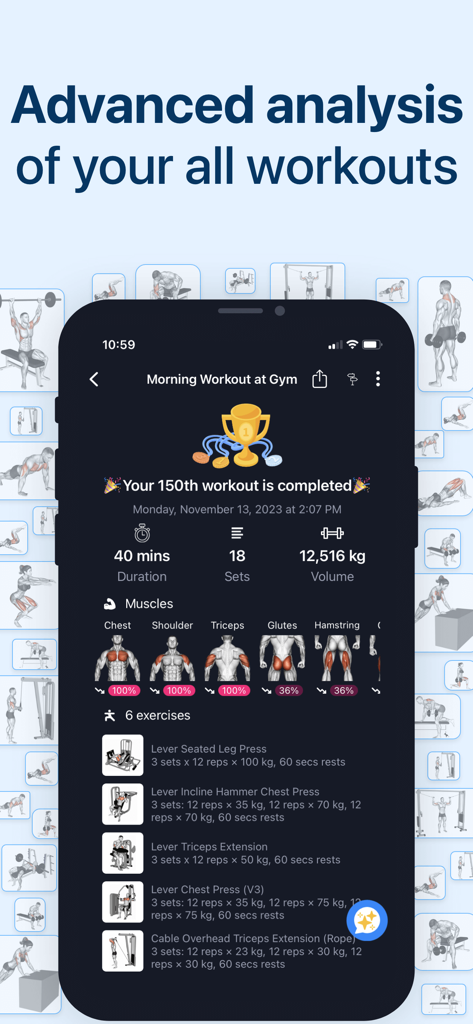 Advanced workout analysis screen with muscle heat map and exercise summary