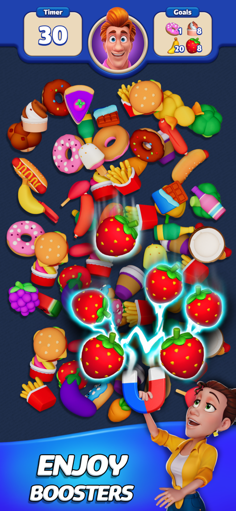 Blitz Busters - Gameplay of Blitz Busters showing a magnet booster collecting 3D strawberry items.