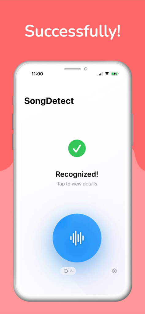 SongDetect - Music Recognition - Tela de smartphone do aplicativo SongDetect mostrando uma mensagem de identificação de música bem-sucedida com uma marca de verificação verde