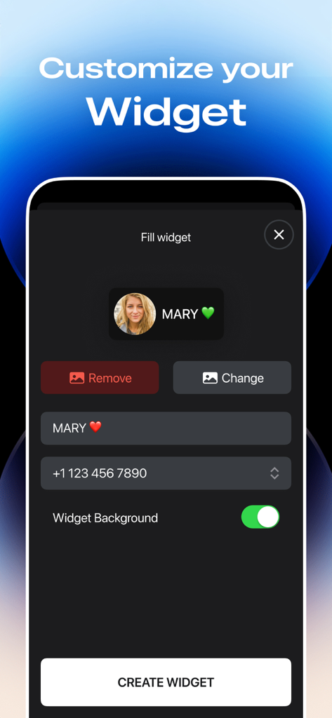 Lock Screen 17 Widget - Interface of the app showing how to customize a contact shortcut widget with a photo and phone number for the iPhone lock screen