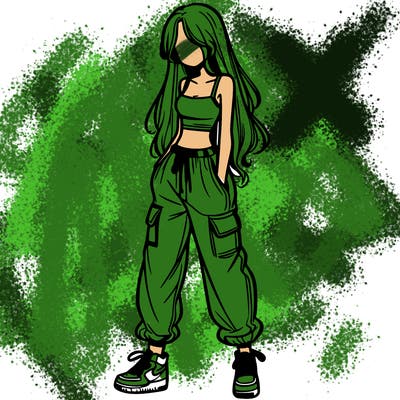 girl in baggy pants crop top and long hair