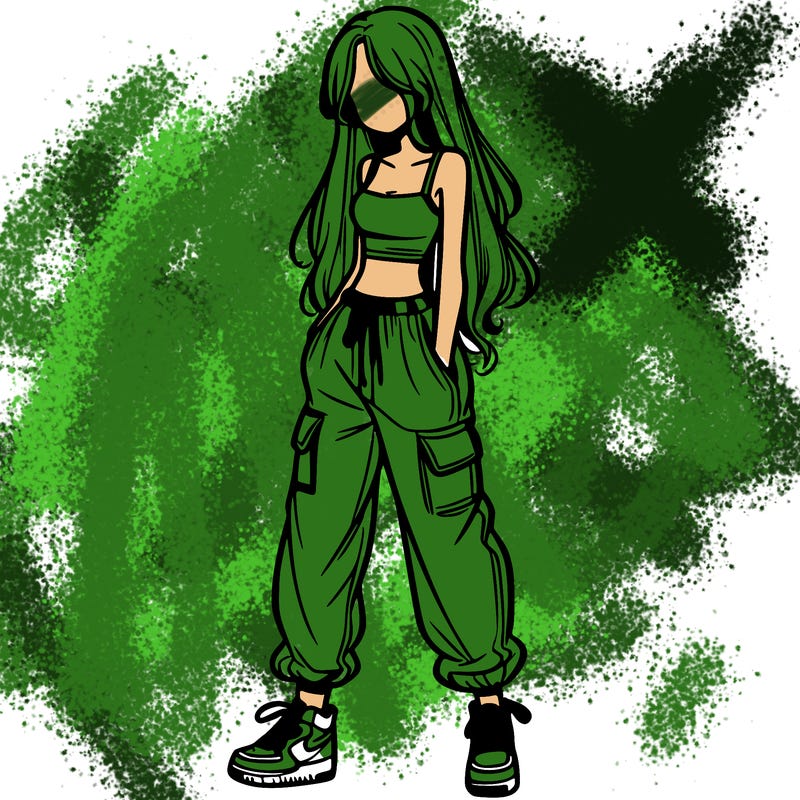 girl in baggy pants crop top and long hair