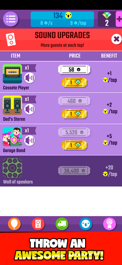 Epic Party Clicker - Epic Party Clicker mobile game screen showing sound upgrades menu with options for cassette player and garage band to increase guests