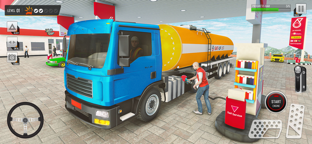 Um caminhão-tanque azul sendo reabastecido por um personagem em um posto de gasolina de autoatendimento em um jogo de simulador de caminhão.