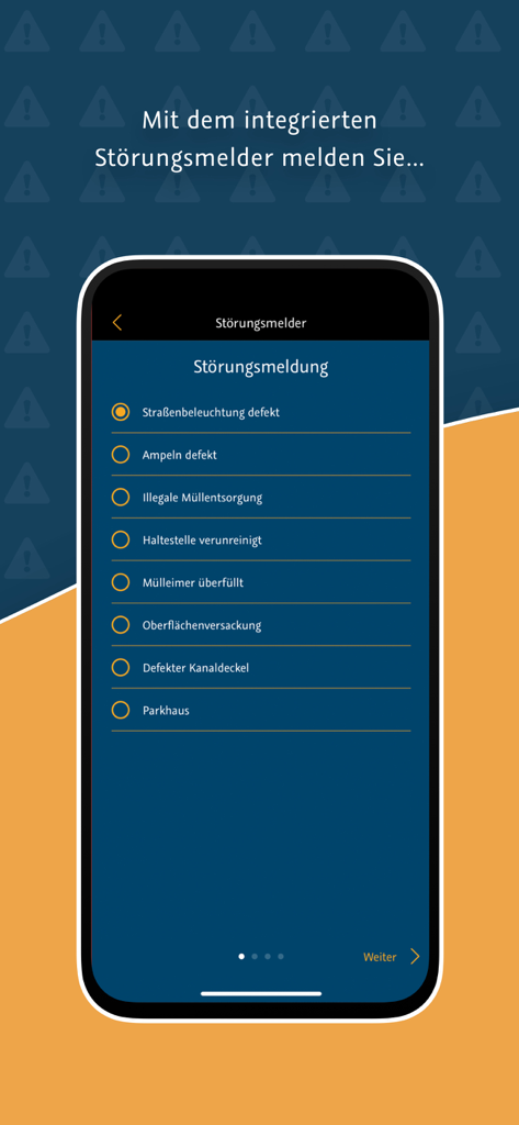 sWapp - Benutzeroberfläche der sWapp App mit einer Liste von zu meldenden Stadtanliegen in Delmenhorst