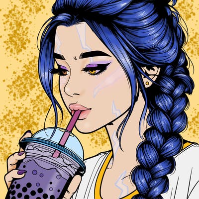 realistic girl drinking boba tea with braided hair