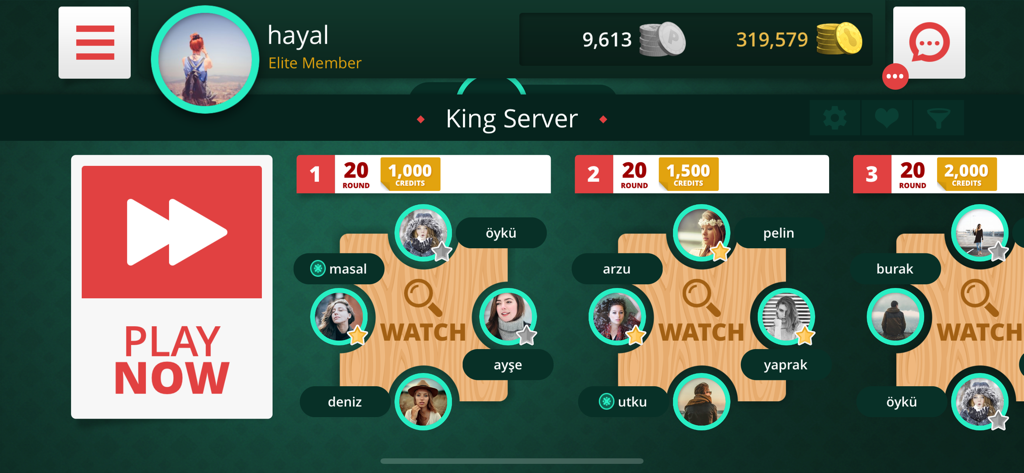 Game lobby interface of King and Rifki showing various active tables and player profiles.