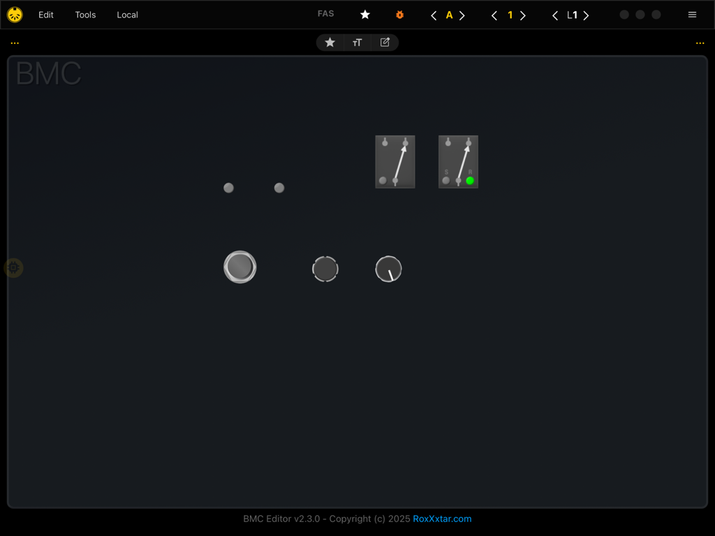 BMC Editor - Visual interface of the BMC Editor app showing custom MIDI controller components like switches and knobs for DIY hardware design