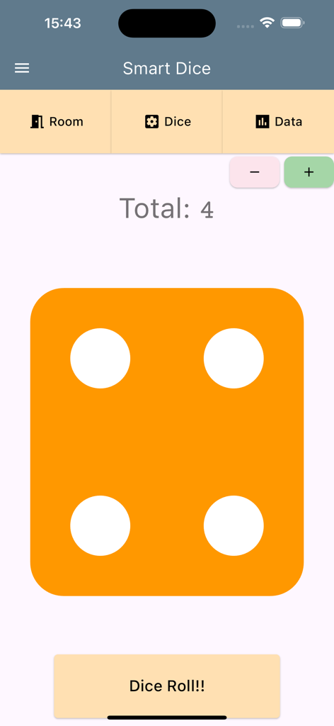 Smart Dice - Simple & Powerful - Main interface of the Smart Dice app showing a large orange die with four dots and a Dice Roll button.