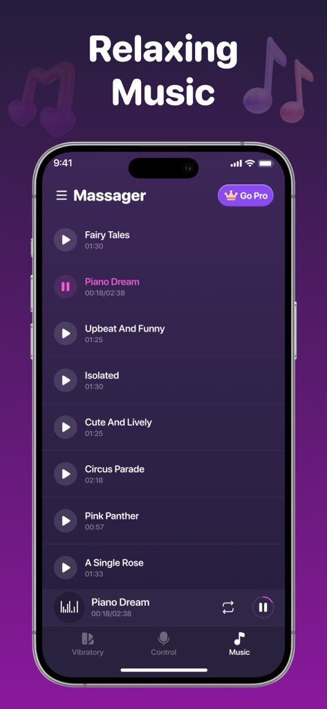 Screenshot of the music playlist screen in the Strong Phone Vibrator app for relaxation and sleep aid