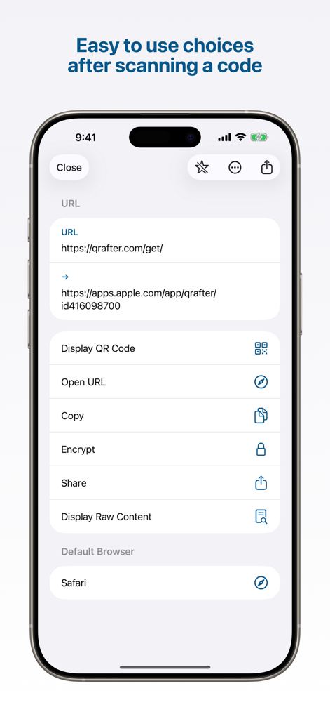 Qrafter: QR Code Reader - QRコードスキャン後のQrafterアプリのアクションリスト。URLを開く、コピー、暗号化するオプションが含まれています