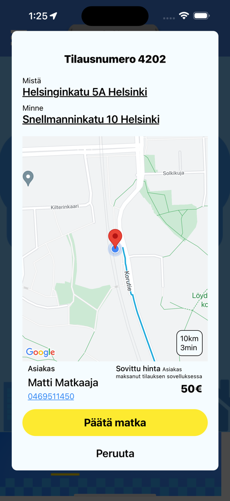 SnapCab driver interface showing an active taxi order with trip details and map.