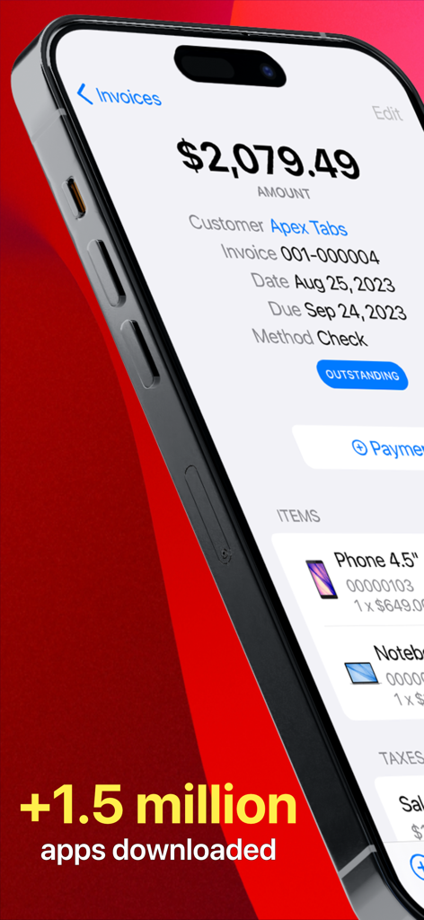 iPhone mostrando una factura pendiente de dos mil dólares en la aplicación móvil Factura para Empresas