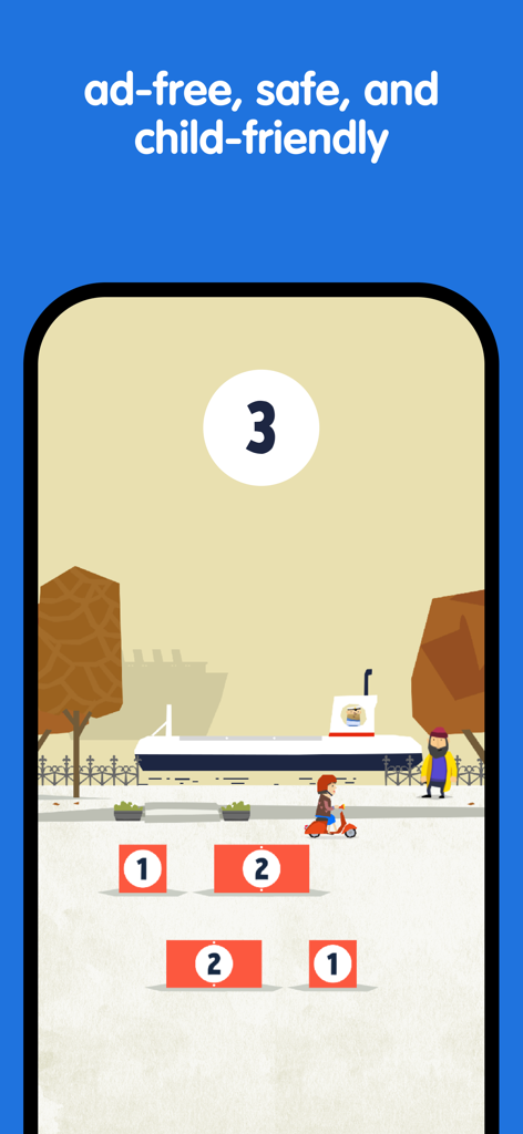 Fiete Math Numbers for Kids 5+ - Screenshot of Fiete Math showing a child friendly nautical interface with number blocks and a harbor scene