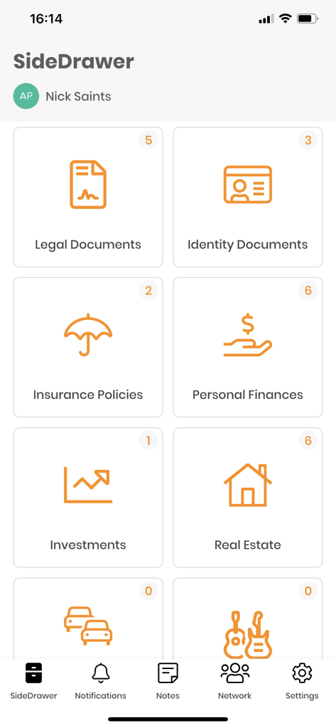 SideDrawer - SideDrawer mobile app dashboard displaying document organization categories like Legal, Identity, Insurance, and Personal Finances
