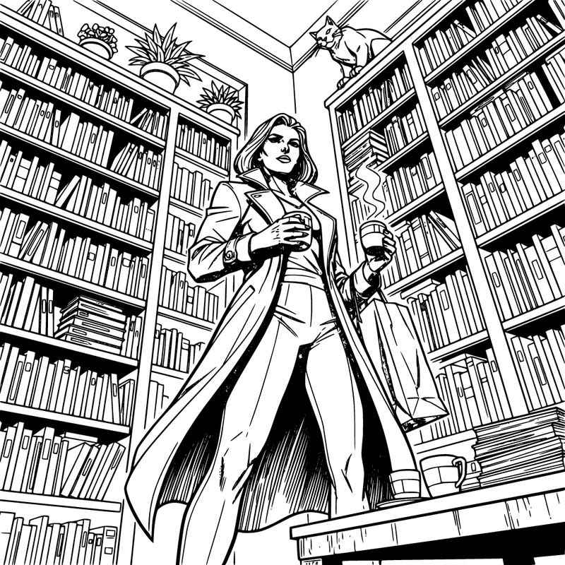 woman holding a coffee shopping in a local book and music store, there is a cat, plants, a table with coffee on it