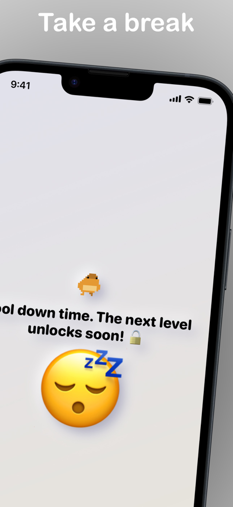 One Fast Finger: Idle Tap game - One Fast Fingerアプリでの、眠っている絵文字付きの休憩を促すメッセージを表示するモバイル画面。