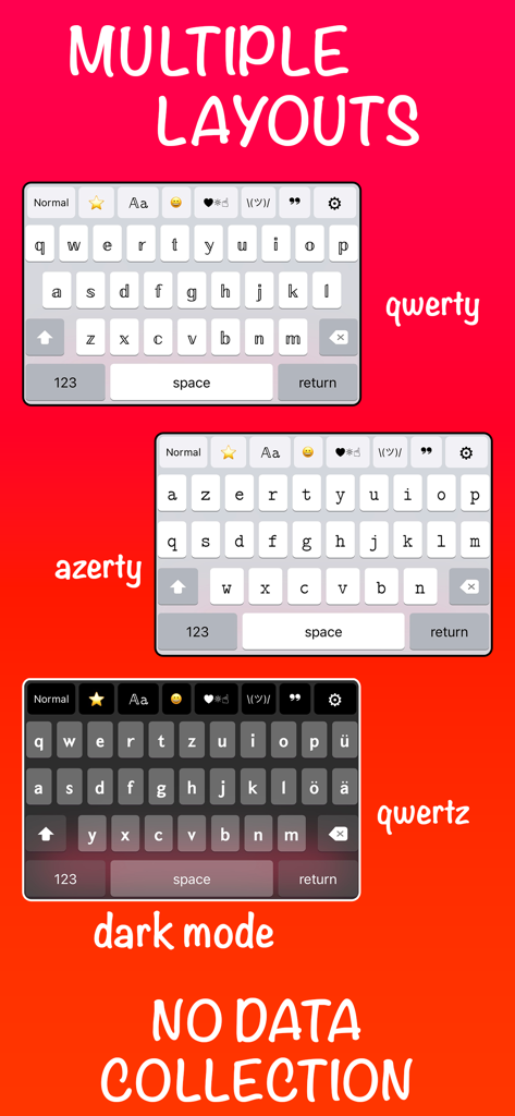 Exibição de vários layouts de teclado, incluindo qwerty e azerty, com opção de modo escuro e garantia de não coleta de dados.