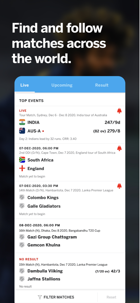 ESPNcricinfo - Cricket Scores - Interface de l'application ESPNcricinfo montrant une liste de matchs de cricket en direct et à venir avec des scores en temps réel