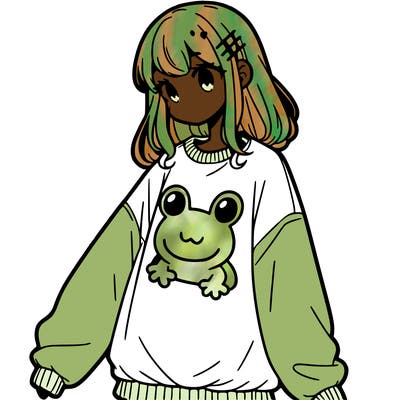 girl wearing frogging sweatshirt