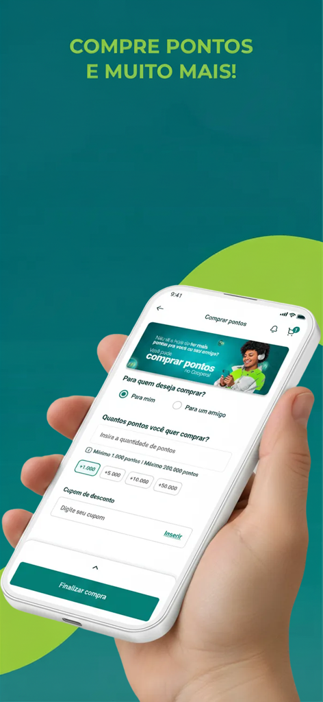Coopera - A hand holding a smartphone showing the Coopera app interface for purchasing loyalty points with options to buy for yourself or a friend