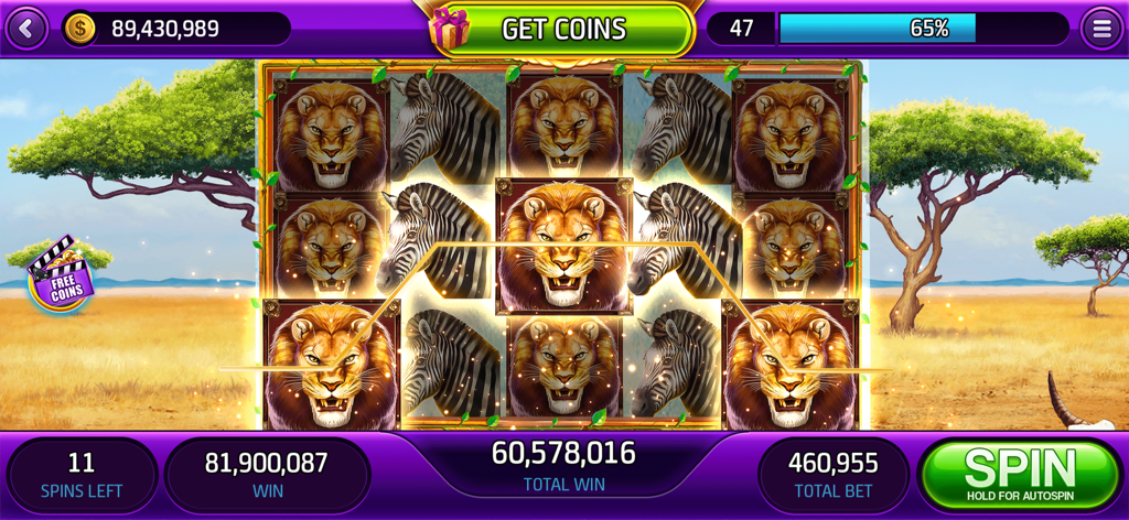 FunWave Slots & Jackpot Casino - Mobile slot machine game with an African safari theme featuring lion and zebra symbols.