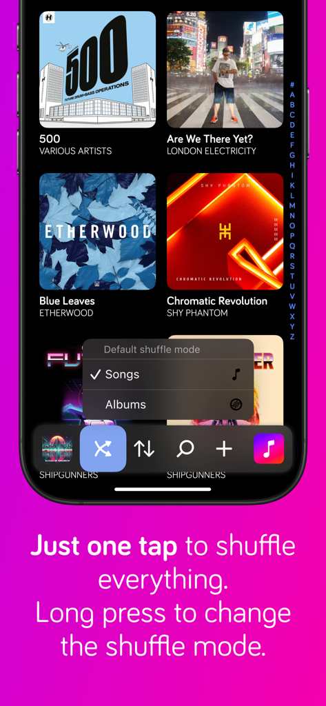 Harken Offline Music Player - Interfaz del reproductor de música offline Harken mostrando una cuadrícula de biblioteca musical y el menú de selección del modo aleatorio