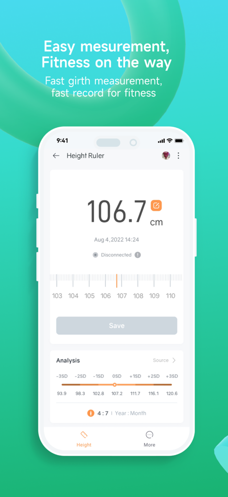 Fitdays+ - Fitdays plus app height ruler screen showing measurement data and growth analysis chart