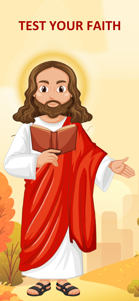Bible Crossword Games - Cartoon illustration of Jesus holding a Bible under the text Test Your Faith