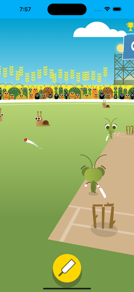 Doodle Cricket - Cricket Game - Gameplay of Doodle Cricket showing a grasshopper batting and snails in the field.