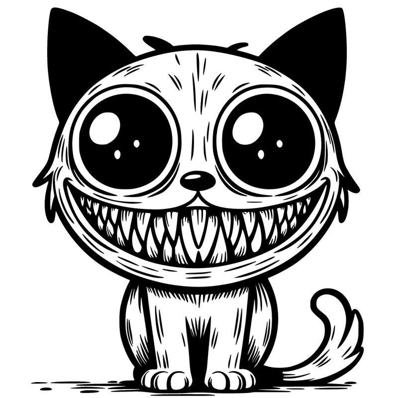 creepy cat with creepy smile with sharp teeth