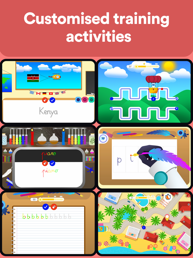 Dynamilis Handwriting Practice - Collage of various gamified handwriting and motor skill training activities within the Dynamilis app.
