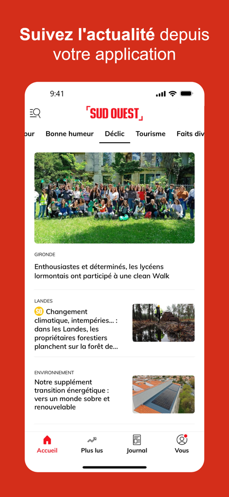 Écran d'accueil de l'application mobile Sud Ouest avec des articles de presse régionaux français et des catégories